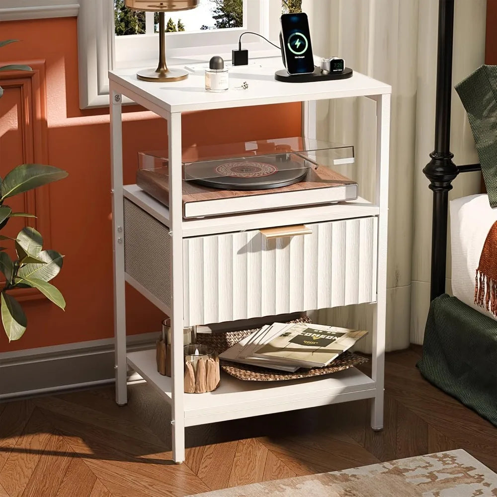 Fluted Nightstands Set Of 2 With Fabric Drawers And Charging Station