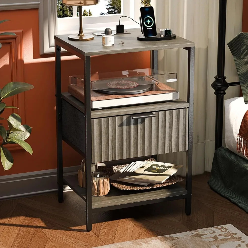 Fluted Nightstands Set Of 2 With Fabric Drawers And Charging Station