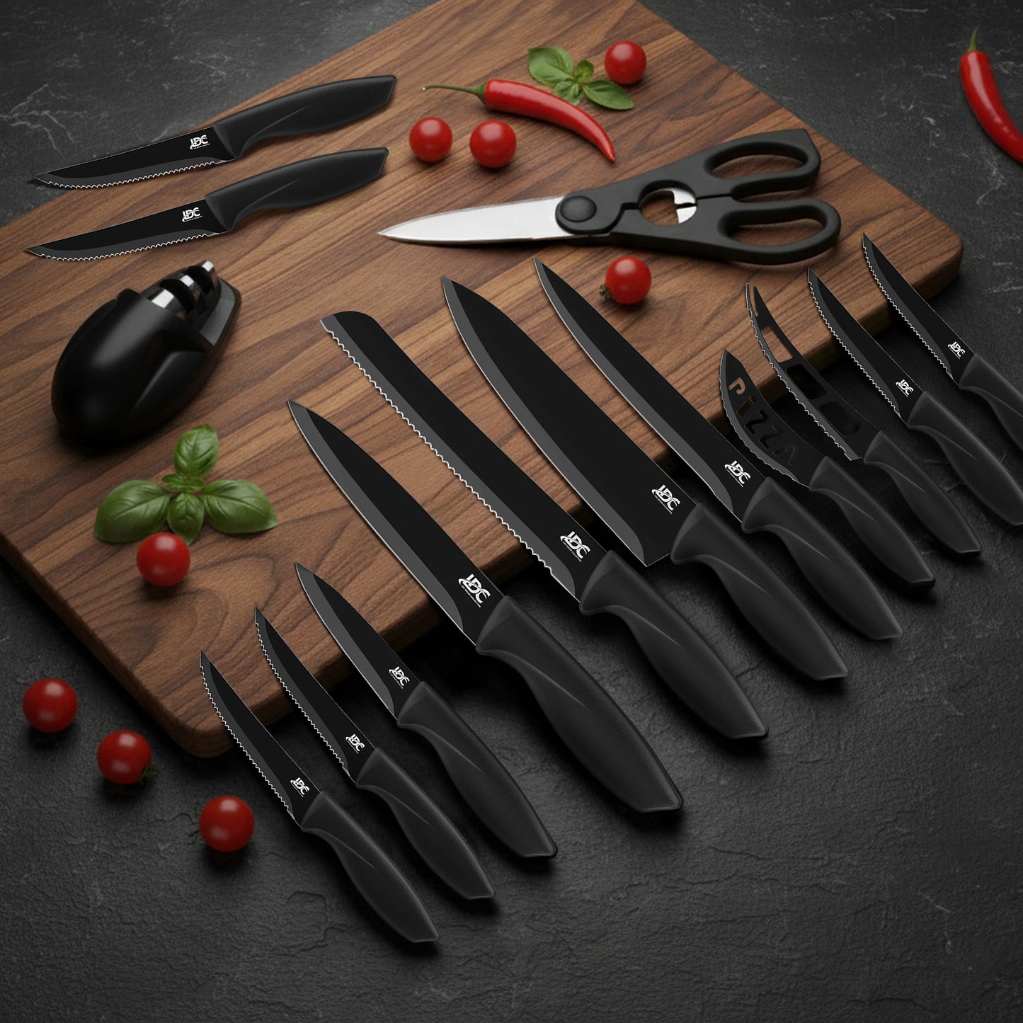 Lux Decor Collection  Kitchen Black Knife Set - Stainless Steel, Dishwasher Safe Ergonomic Knives Set with Anti-Slip Handles