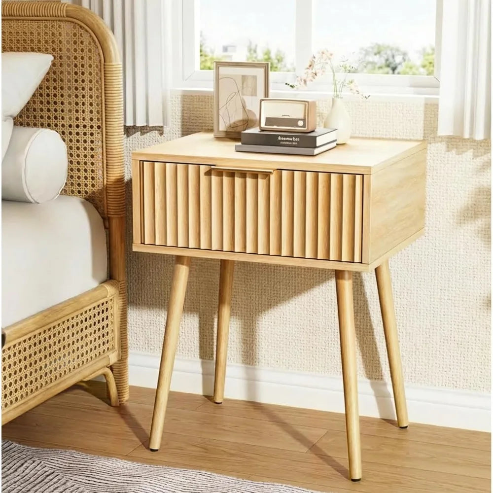 Fluted Nightstands Set Of 2 With Fabric Drawers And Charging Station