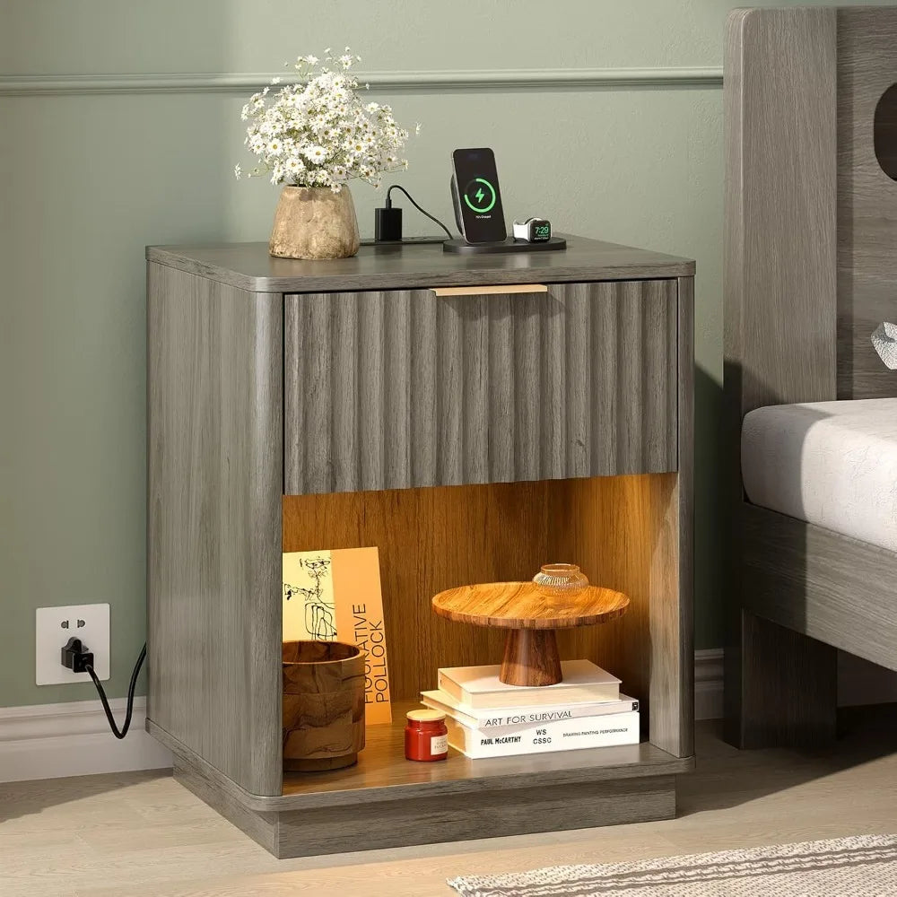 Fluted Nightstands Set Of 2 With Fabric Drawers And Charging Station