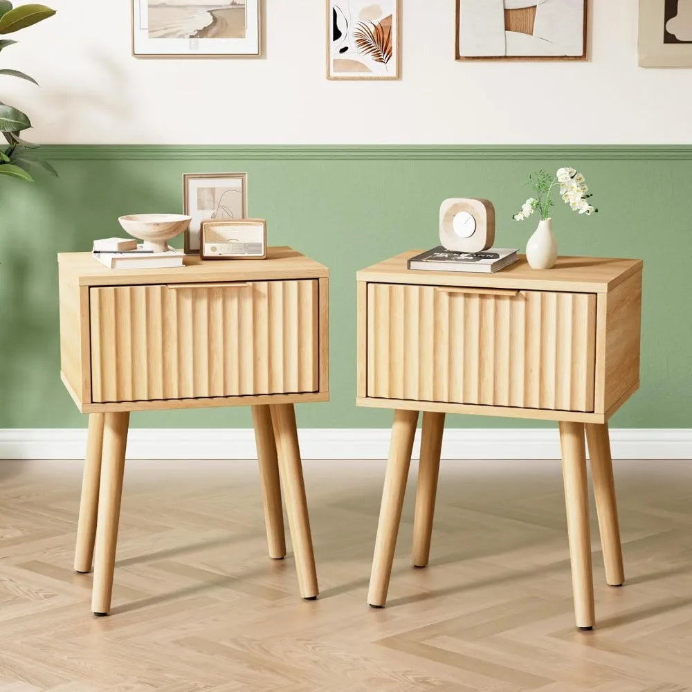 Fluted Nightstands Set Of 2 With Fabric Drawers And Charging Station