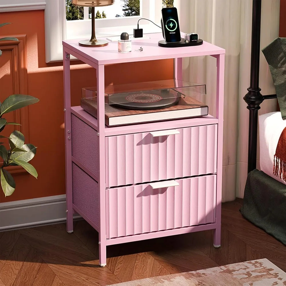 Fluted Nightstands Set Of 2 With Fabric Drawers And Charging Station