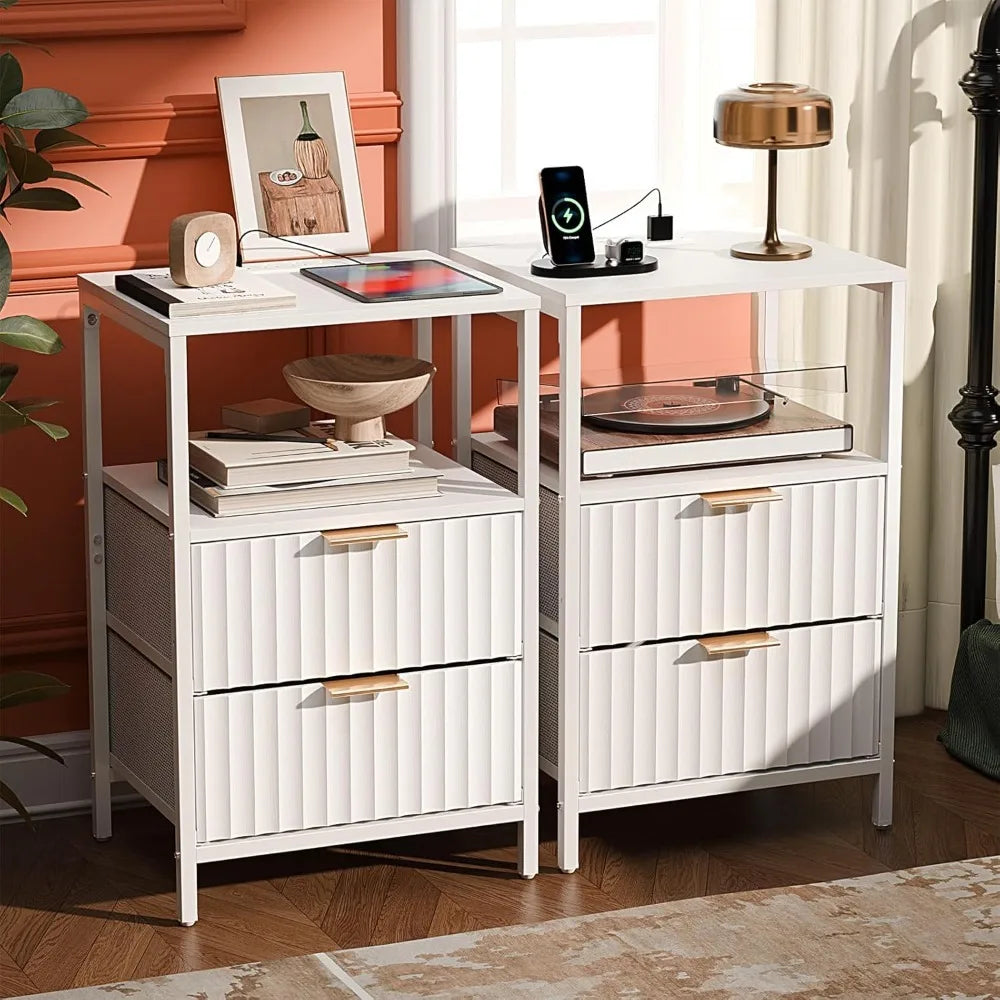 Fluted Nightstands Set Of 2 With Fabric Drawers And Charging Station