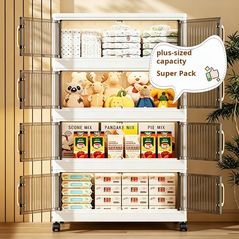 23.62in 3/4/5 Tier Foldable Plastic Storage Cabinet with Wheels, Double Transparent Door Organizer, Large Storage Chest, No Assembly Closet Organizer with Latches for Bedroom Kitchen, Cream White The Pet & Home Store