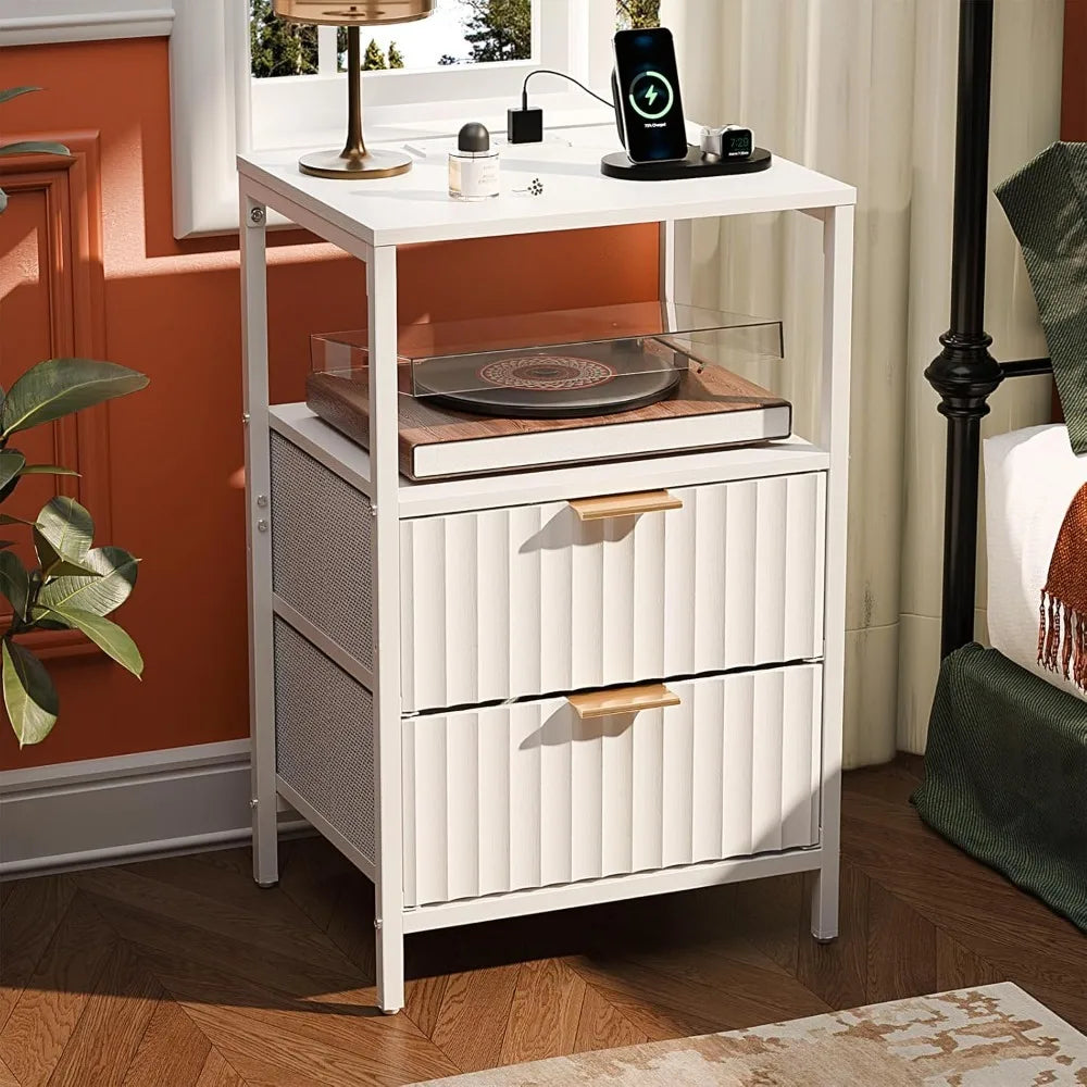 Fluted Nightstands Set Of 2 With Fabric Drawers And Charging Station