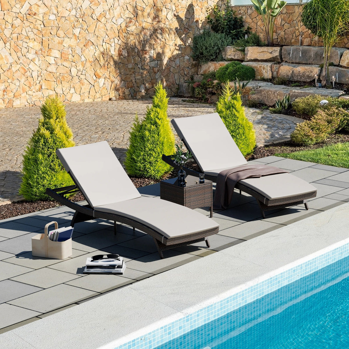 Patio Chaise Lounge Set 3 Pieces with Adjustable Backrest and Removable Cushion, Outdoor Pool Chair for Patio Poolside Backyard The Pet & Home Store