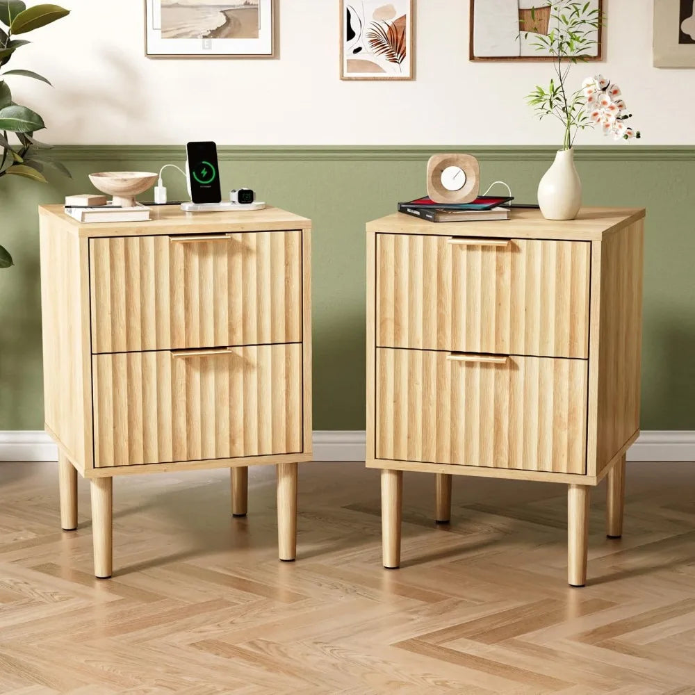 Fluted Nightstands Set Of 2 With Fabric Drawers And Charging Station