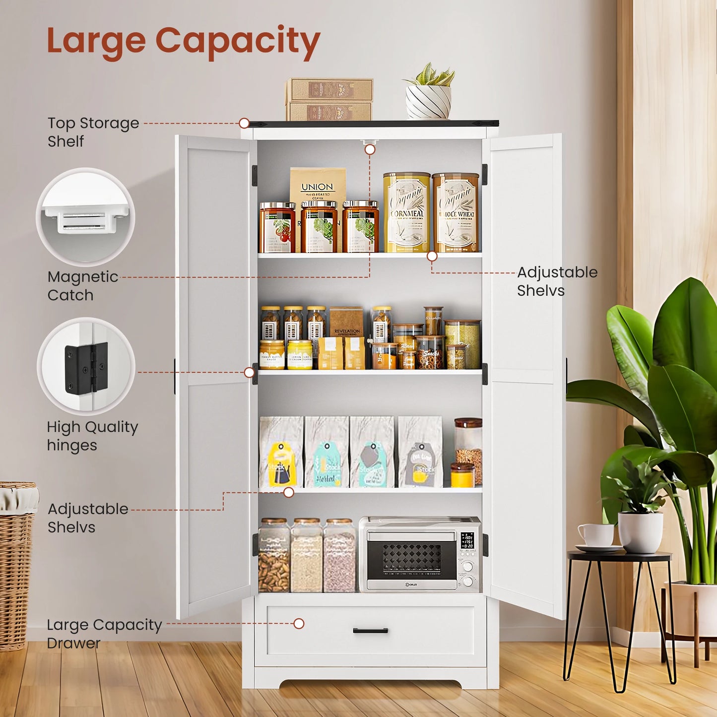 Farmhouse Wooden Kitchen Pantry Cabinet With Drawers And Shelves