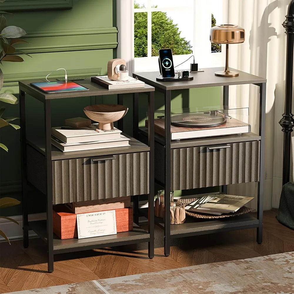 Fluted Nightstands Set Of 2 With Fabric Drawers And Charging Station