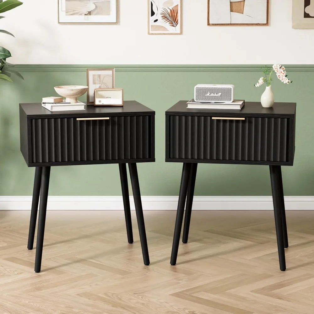 Fluted Nightstands Set Of 2 With Fabric Drawers And Charging Station