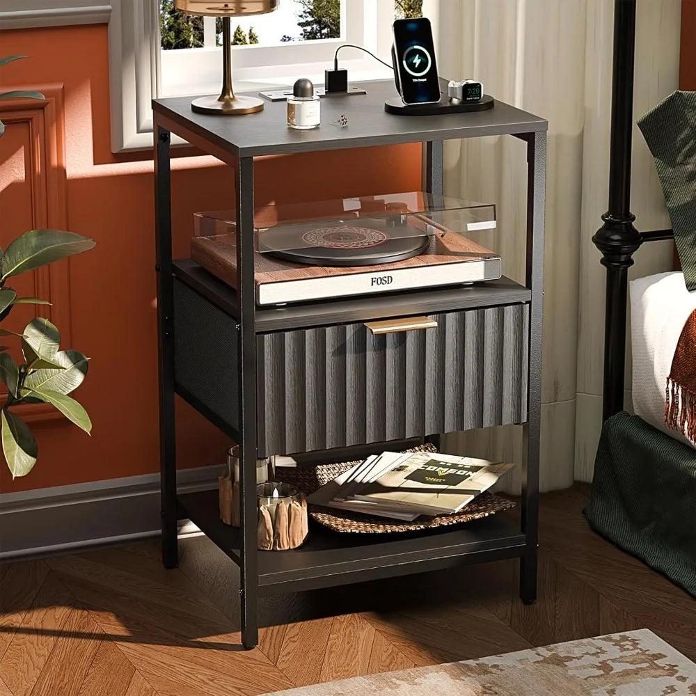 Fluted Nightstands Set Of 2 With Fabric Drawers And Charging Station