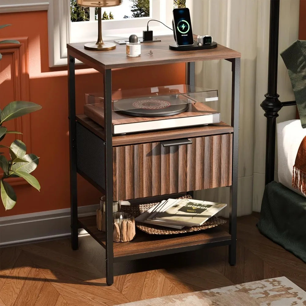 Fluted Nightstands Set Of 2 With Fabric Drawers And Charging Station
