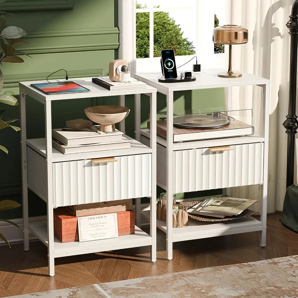 Fluted Nightstands Set Of 2 With Fabric Drawers And Charging Station