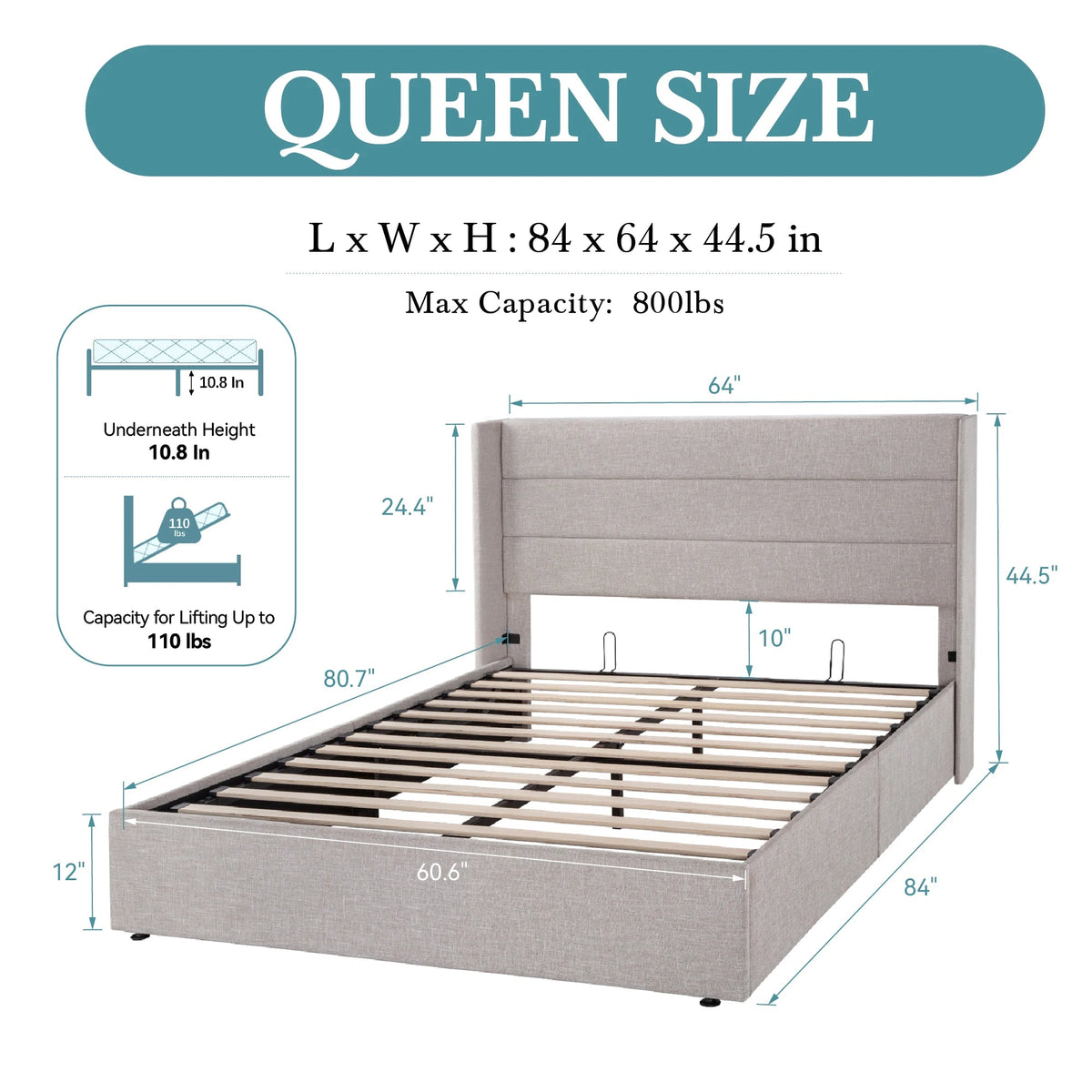 Lift Up Storage Bed with Wingback Headboard | Several Sizes, Colors The Pet & Home Store