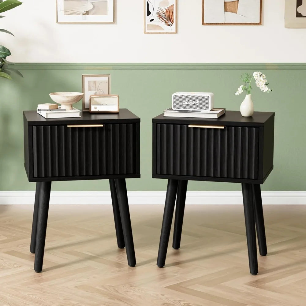 Fluted Nightstands Set Of 2 With Fabric Drawers And Charging Station