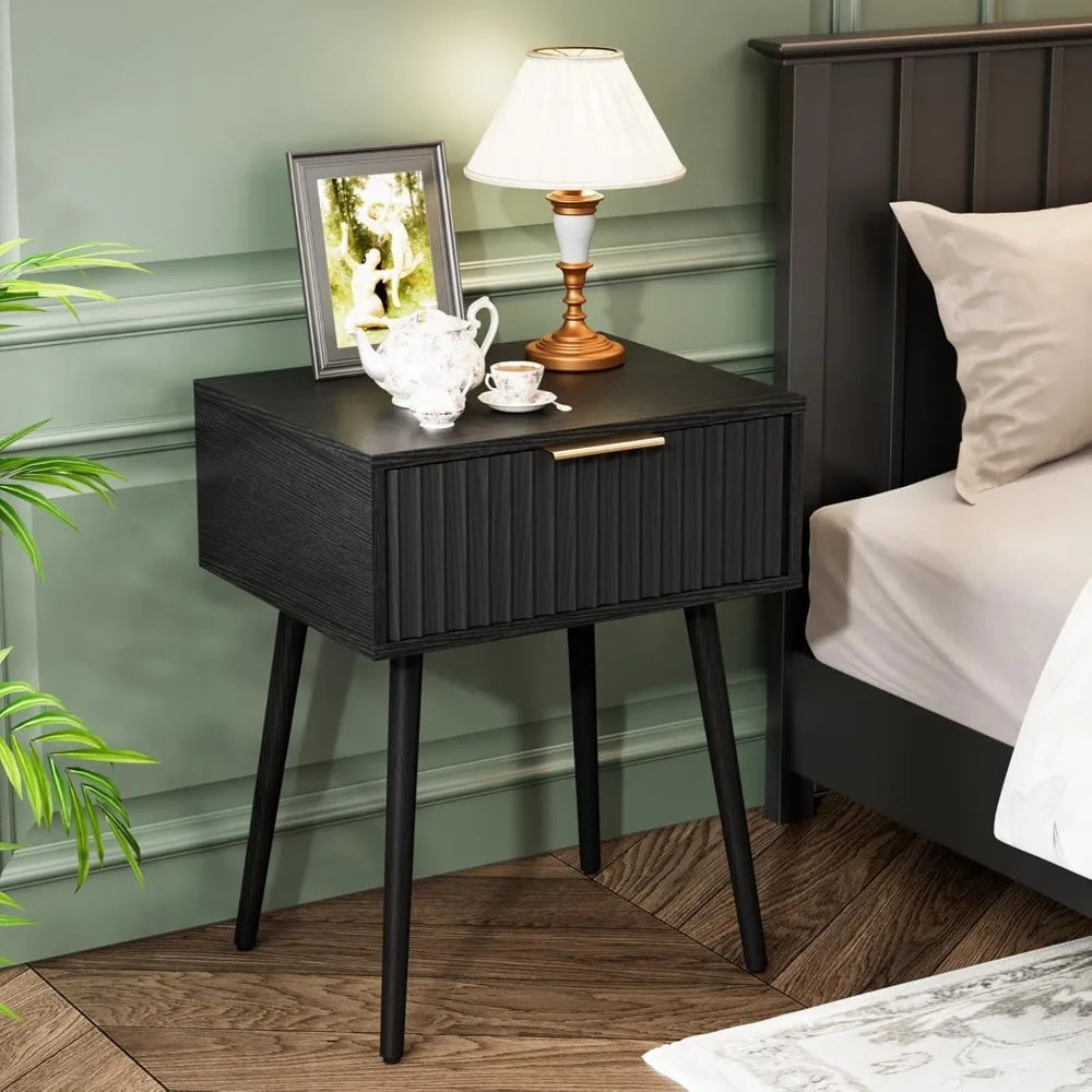 Fluted Nightstands Set Of 2 With Fabric Drawers And Charging Station