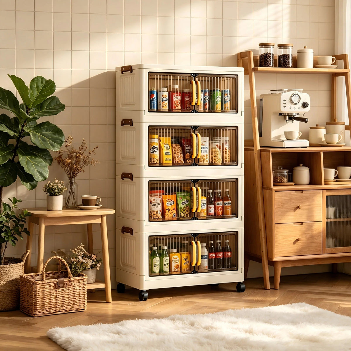 23.62in 3/4/5 Tier Foldable Plastic Storage Cabinet with Wheels, Double Transparent Door Organizer, Large Storage Chest, No Assembly Closet Organizer with Latches for Bedroom Kitchen, Cream White The Pet & Home Store