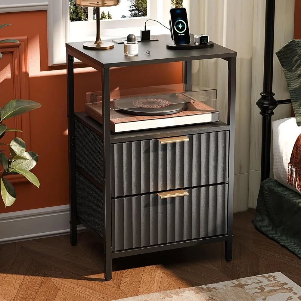 Fluted Nightstands Set Of 2 With Fabric Drawers And Charging Station