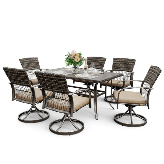 7 Piece Patio Dining Set for 6,Wicker Outdoor Furniture Set for Backyard Garden Deck Poolside with Iron Slats Table Top