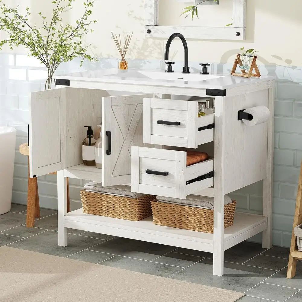 Farmhouse Vanity With Sink And Barn Door Cabinet