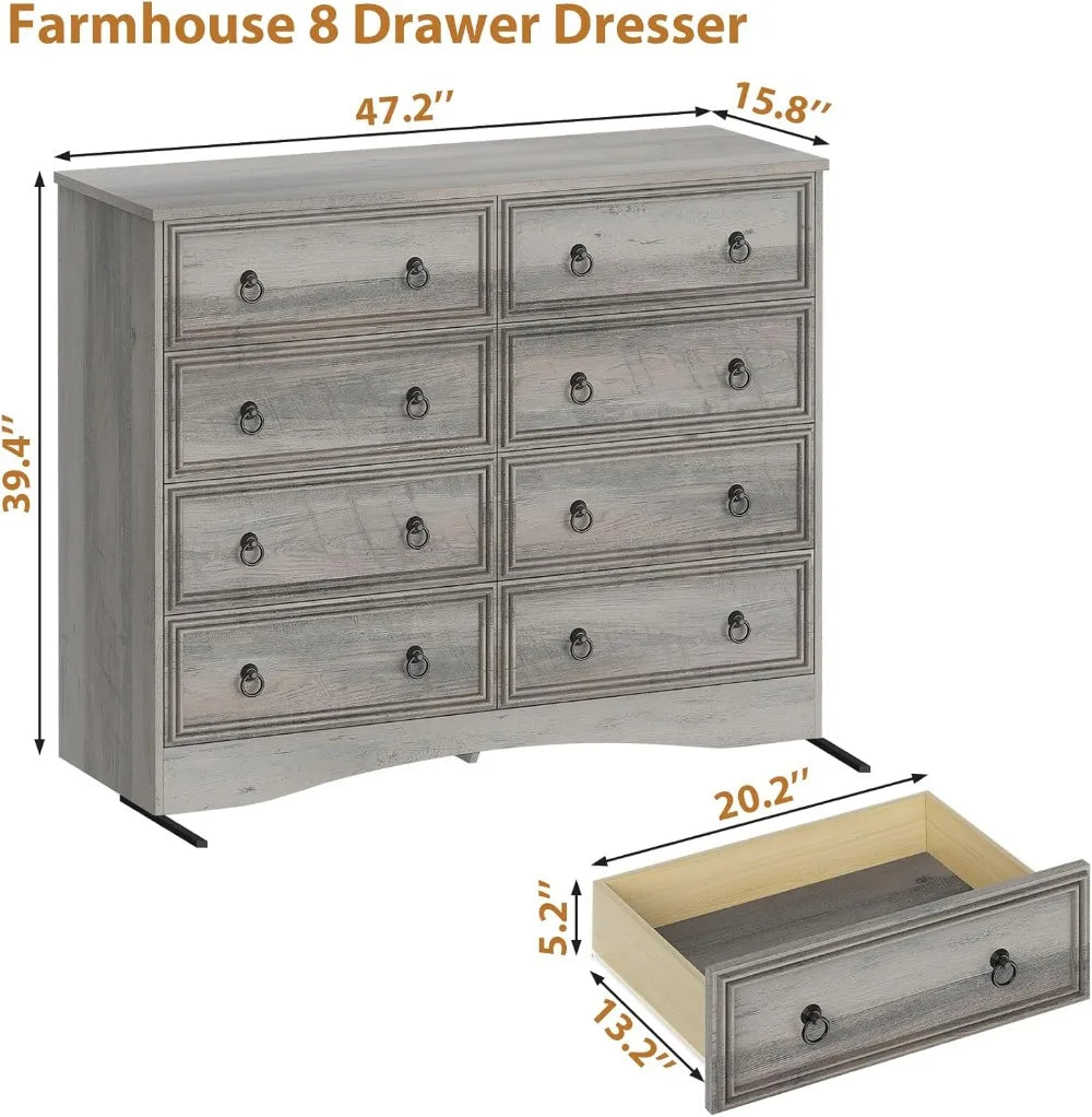 Grey 8 Drawer Dresser for Bedroom, Wood Chest of Drawers, Large Storage, Vintage Design, 47.24Wx15.75Dx39.4H
