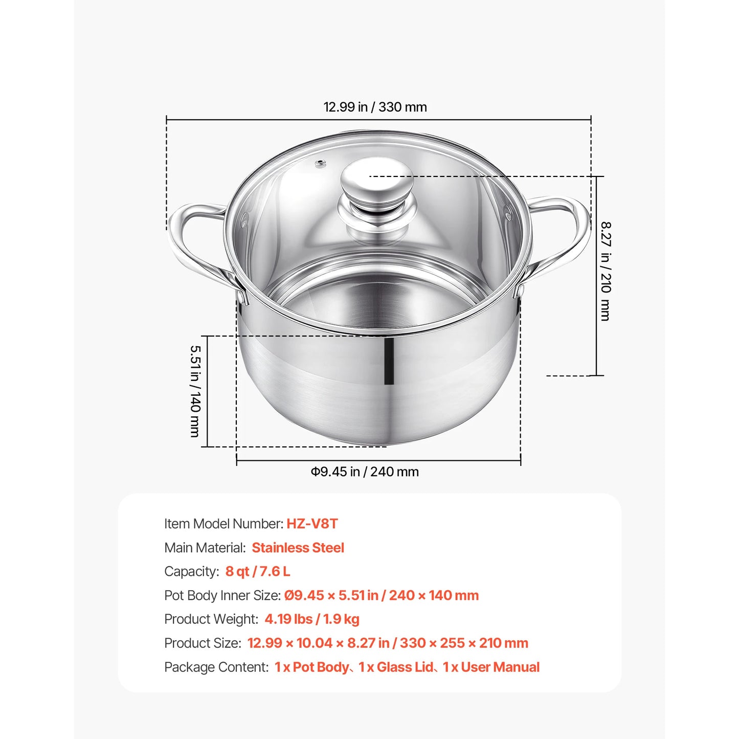 SucceBuy 8/12/16 Qt Stainless Steel Stock Pot with Glass Lid PFOA-Free Compatible with Gas Stoves Induction Cooktops for Soups