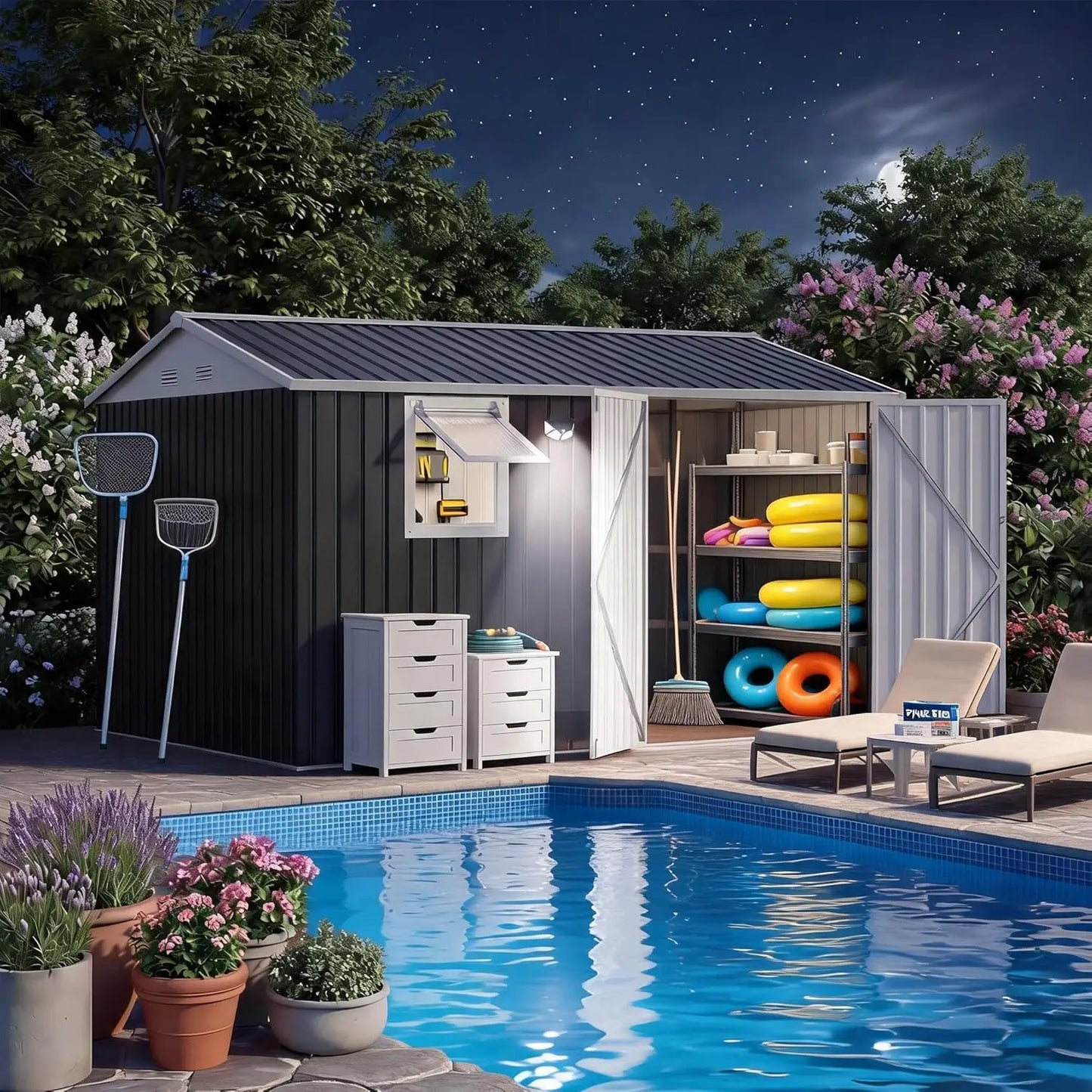 10x8FT Metal Outdoor Storage Shed Pushable Window Solar LED Pegboard Sloping Roof Lockable Doors Backyard Tool Shed, Custom