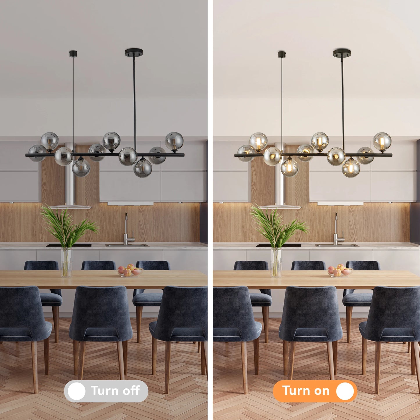 10-Light Matte Black Adjustable Chandelier with Smoked Glass Globe Shades Mid-Century Modern Style Pendant Light for Dining Room