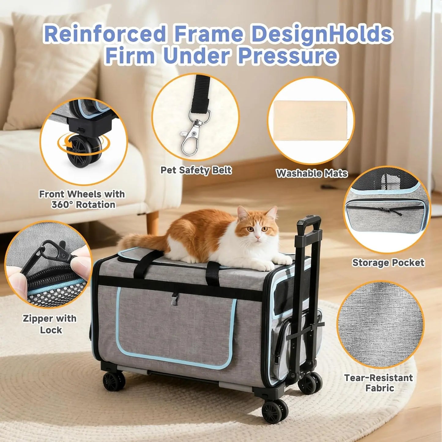 Pet Carrier with Wheels for Cats and Dogs, Detachable Wheels & Washable Pad, Escape-Proof Zipper, Portable Travel Bag for