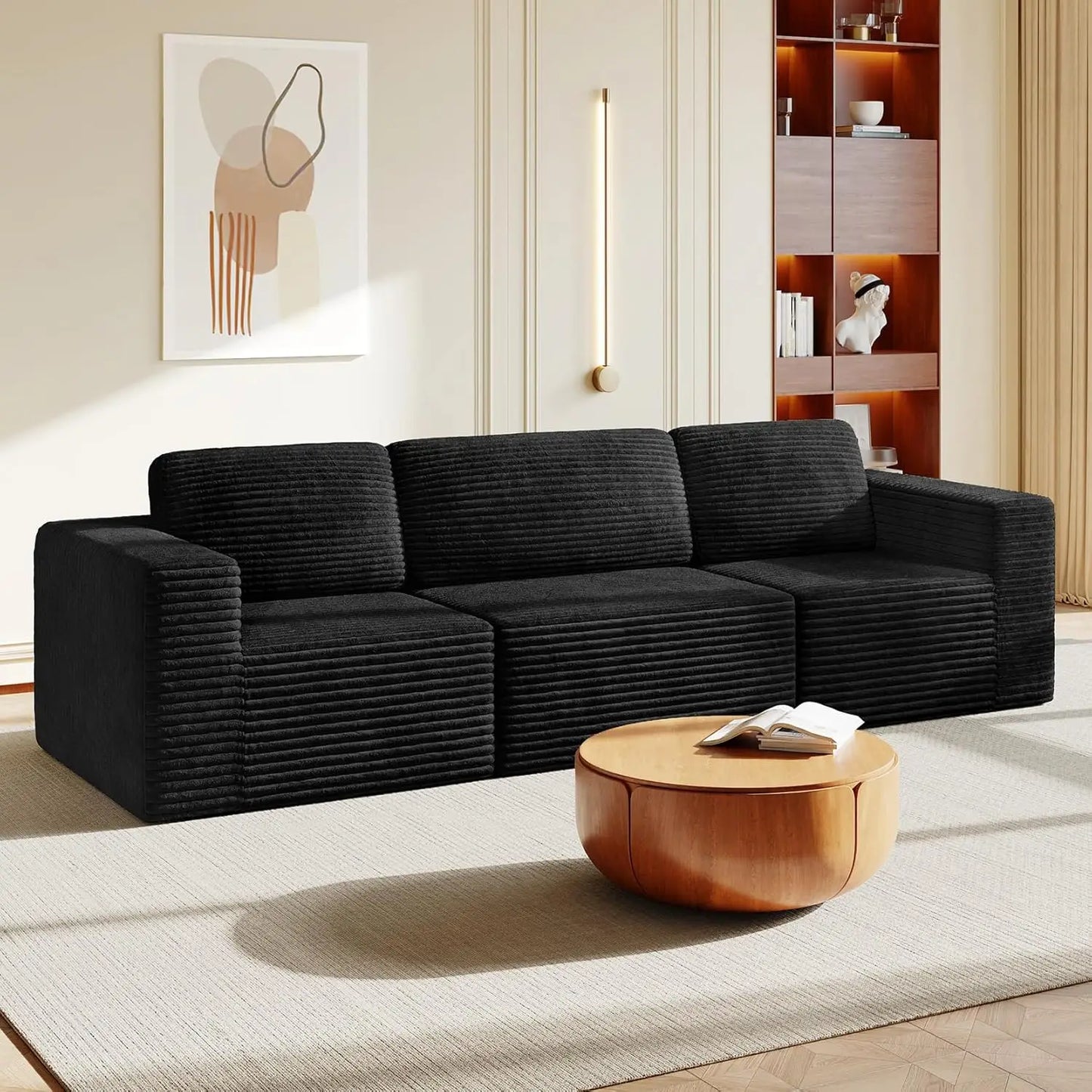 Corduroy L-Shape Modular Sofa With Movable Ottoman Sectional