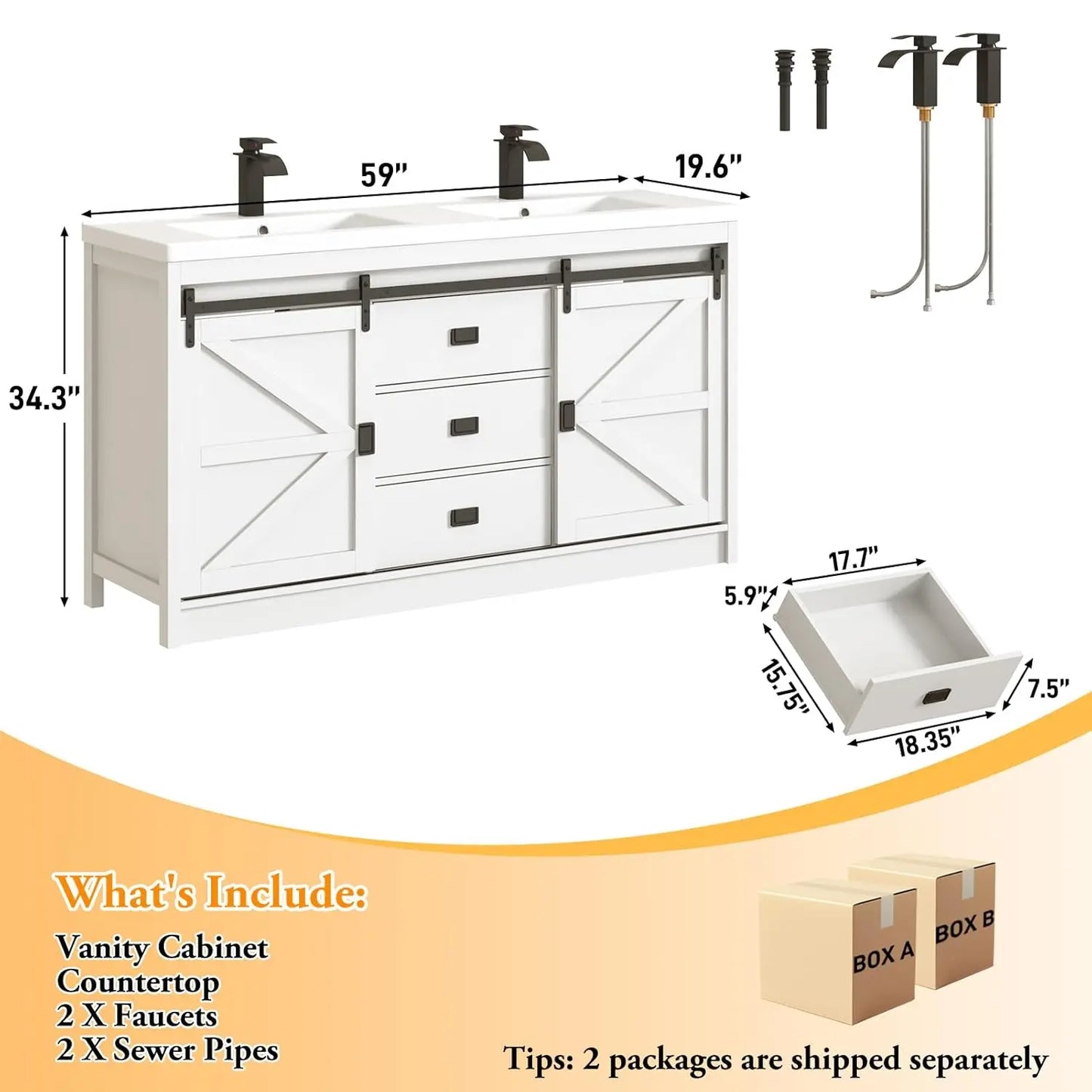 Double Bathroom Vanity with Sink & Faucet & Sewer Pipes,59" Farmhouse Bathroom Vanity Cabinet Set with 3 Storage, Custom