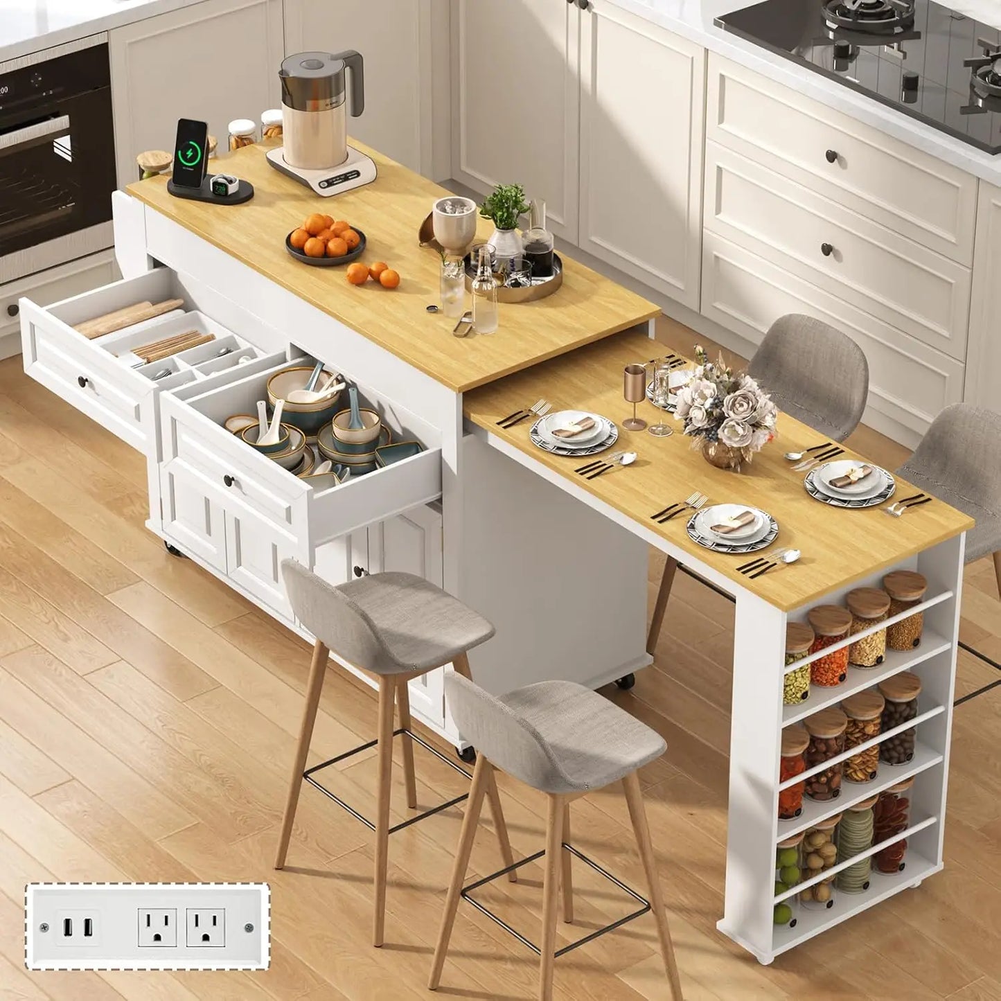 Extendable Kitchen Island With Power Outlet And Storage