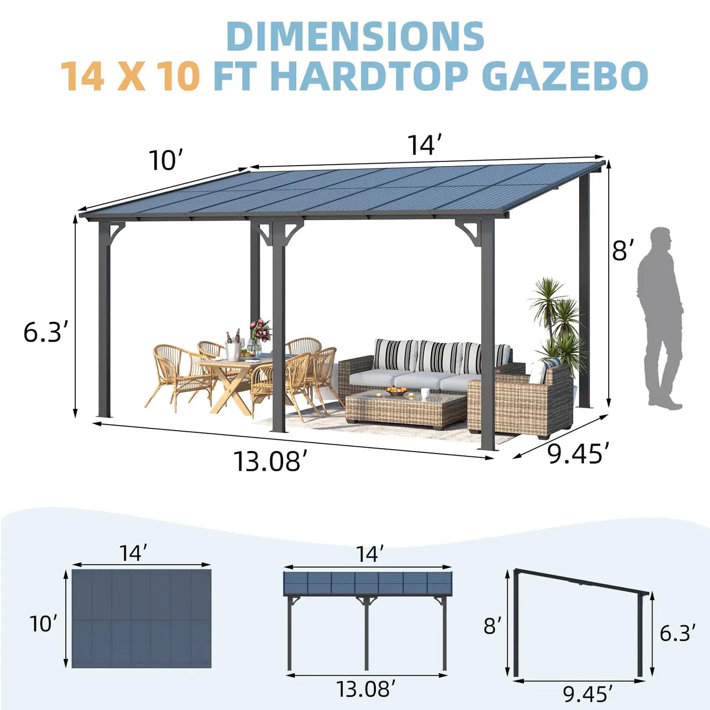 14' x 10' Gazebo for Patio, Hard Top Lean to Gazebo Pergola with Roof (140 Sq.Ft Shaded), Large Wall-Mounted Heavy, Customized