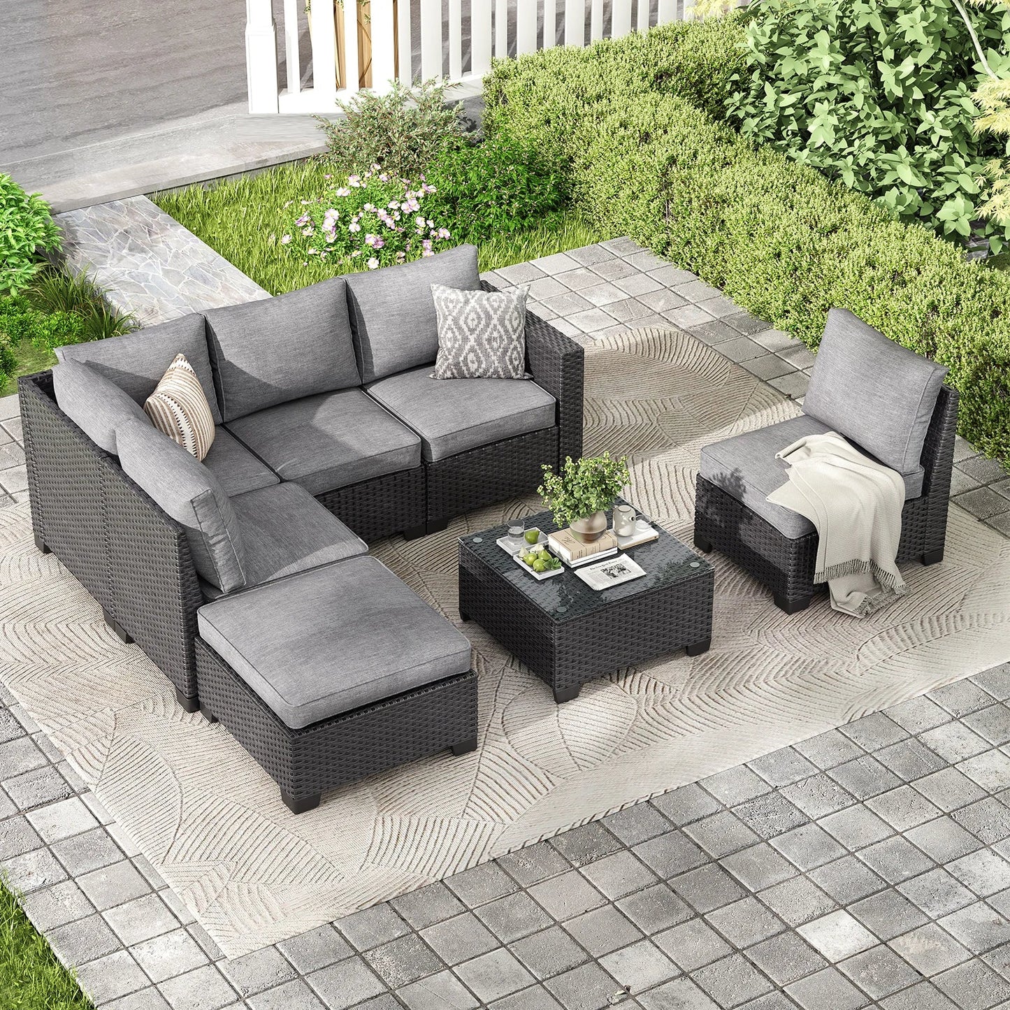 Farini Patio Sectional Sofa Set, Outdoor Furniture with Ottoman, Water/Oil/Stain-Resistant Fabric, Dark Gray Cushion + Gray Wick The Pet & Home Store