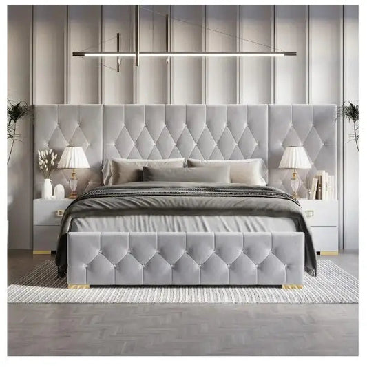 Luxurious Velvet Tufted Platform Bed with Wall Panels-King The Pet & Home Store