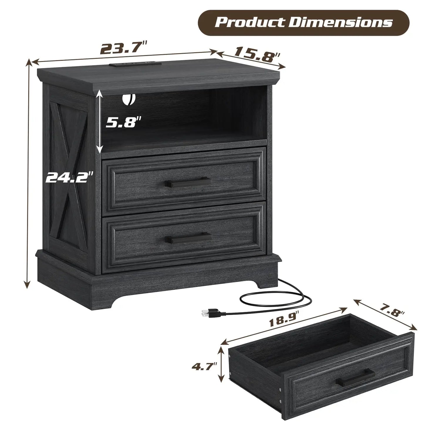 24 Inch Wide Farmhouse Nightstands Set of 2 with Charging Station, Dark Gray Nightstand with 2 Large Drawers,, Customized