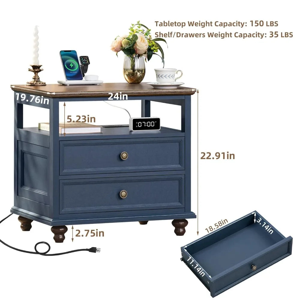 Farmhouse Wood Nightstand With Charging Station And Two Drawers