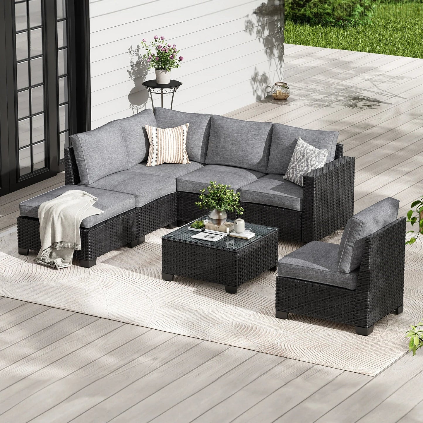 Farini Patio Sectional Sofa Set, Outdoor Furniture with Ottoman, Water/Oil/Stain-Resistant Fabric, Dark Gray Cushion + Gray Wick The Pet & Home Store