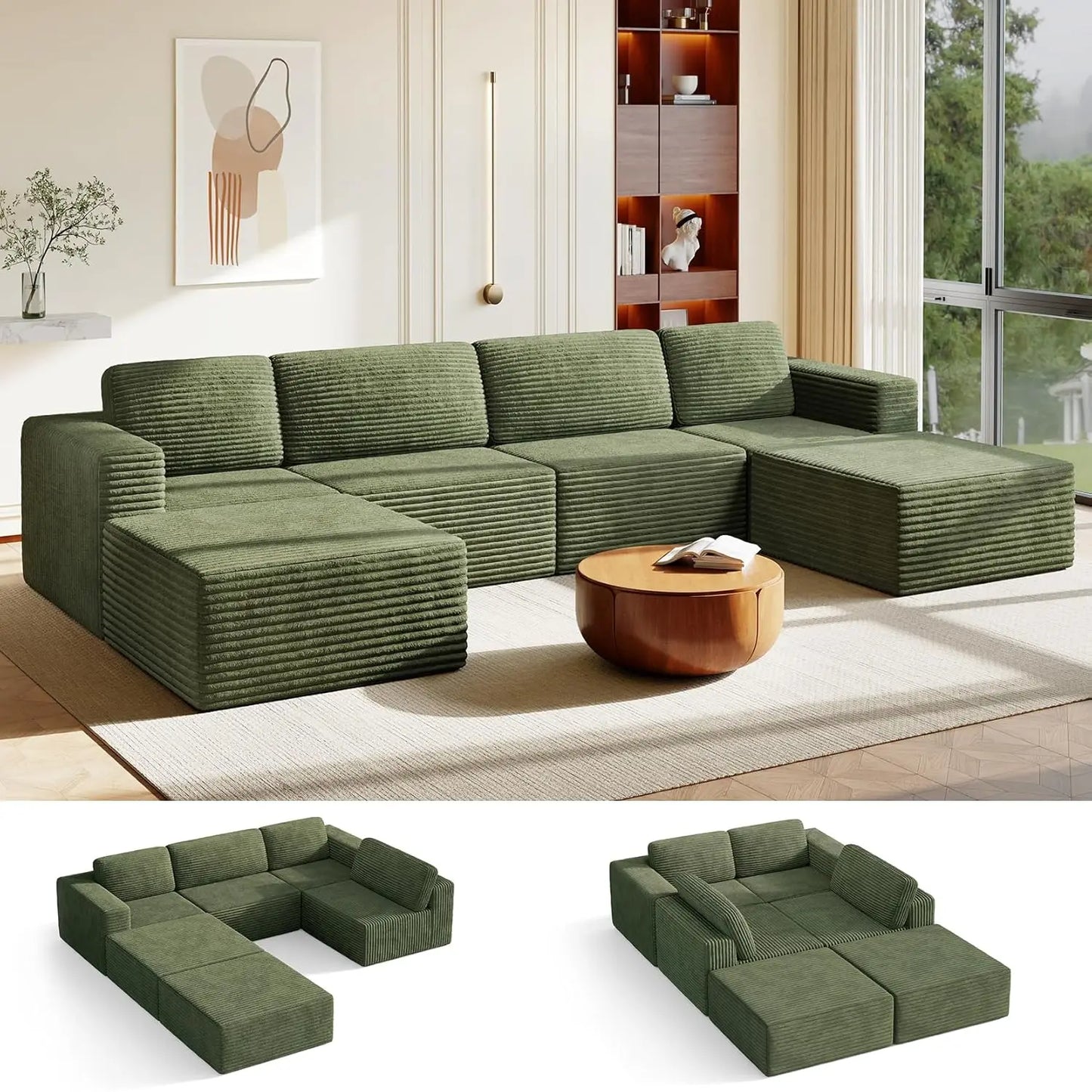 Corduroy L-Shape Modular Sofa With Movable Ottoman Sectional
