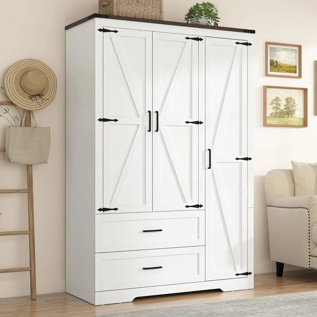 Farmhouse Wardrobe Armoire Closet with 3 Doors and 2 Drawers, 70.1" Wooden Clothing Storage Cabinet, Freestanding Large, Custom The Pet & Home Store