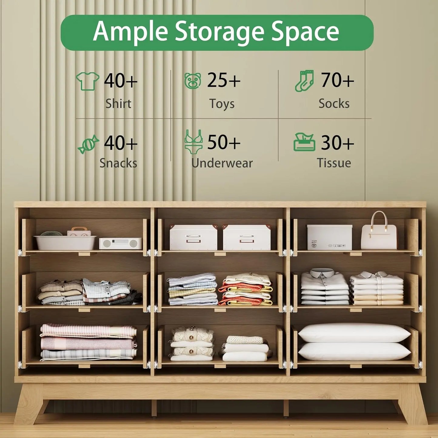 Fluted 9-Drawer Dresser In Oak Wood With Metal Handles