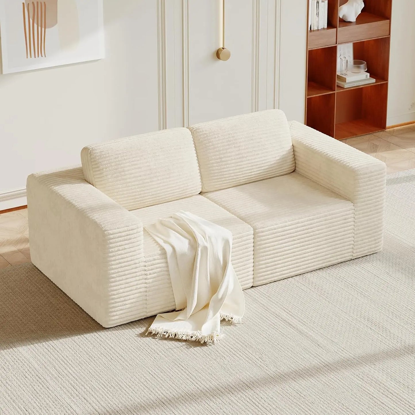 Corduroy L-Shape Modular Sofa With Movable Ottoman Sectional