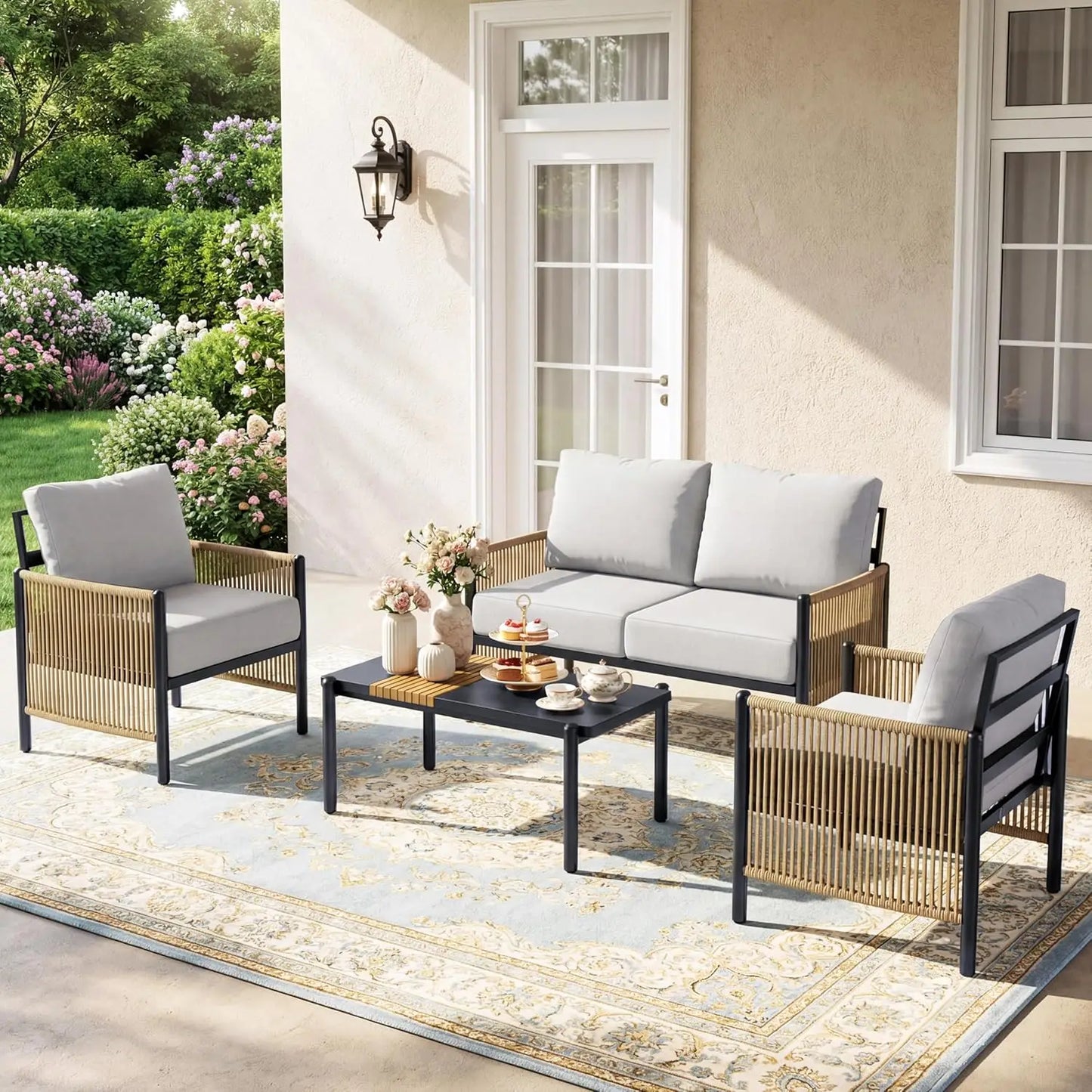 Bamboo Outdoor Patio Furniture Set For Four With Cushions Table