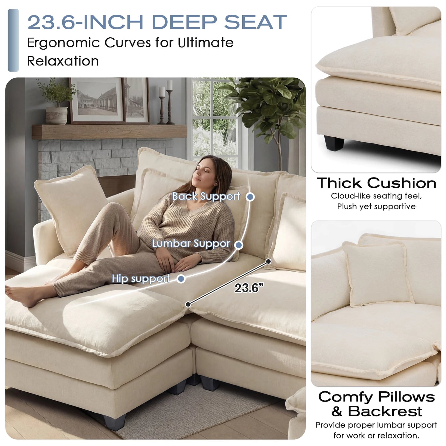 Redlife 113.4" Modular Sectional Sofa with Ottoman, Comfy Cloud Couch with Deep Seat (23.6" D), Solid Wood Frame,for Living Room