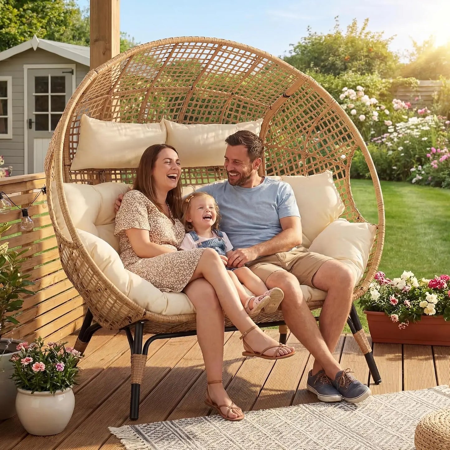 Oversized Double Egg Chair Wicker Rattan Lounge Loveseat with Legs for Patio Garden Backyard Living Room Beige, Customized