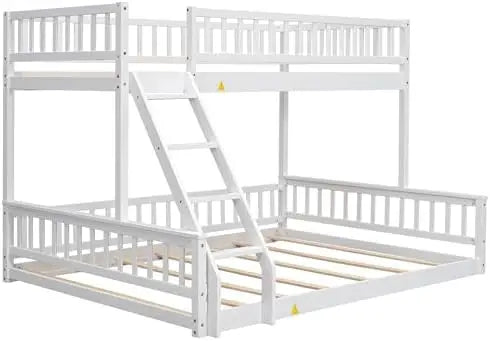 Me Twin XL Over Queen Bunk Bed for Adults Teens, Wooden Floor Bunk Beds Twin XL Over Queen with Ladder and Guardrails