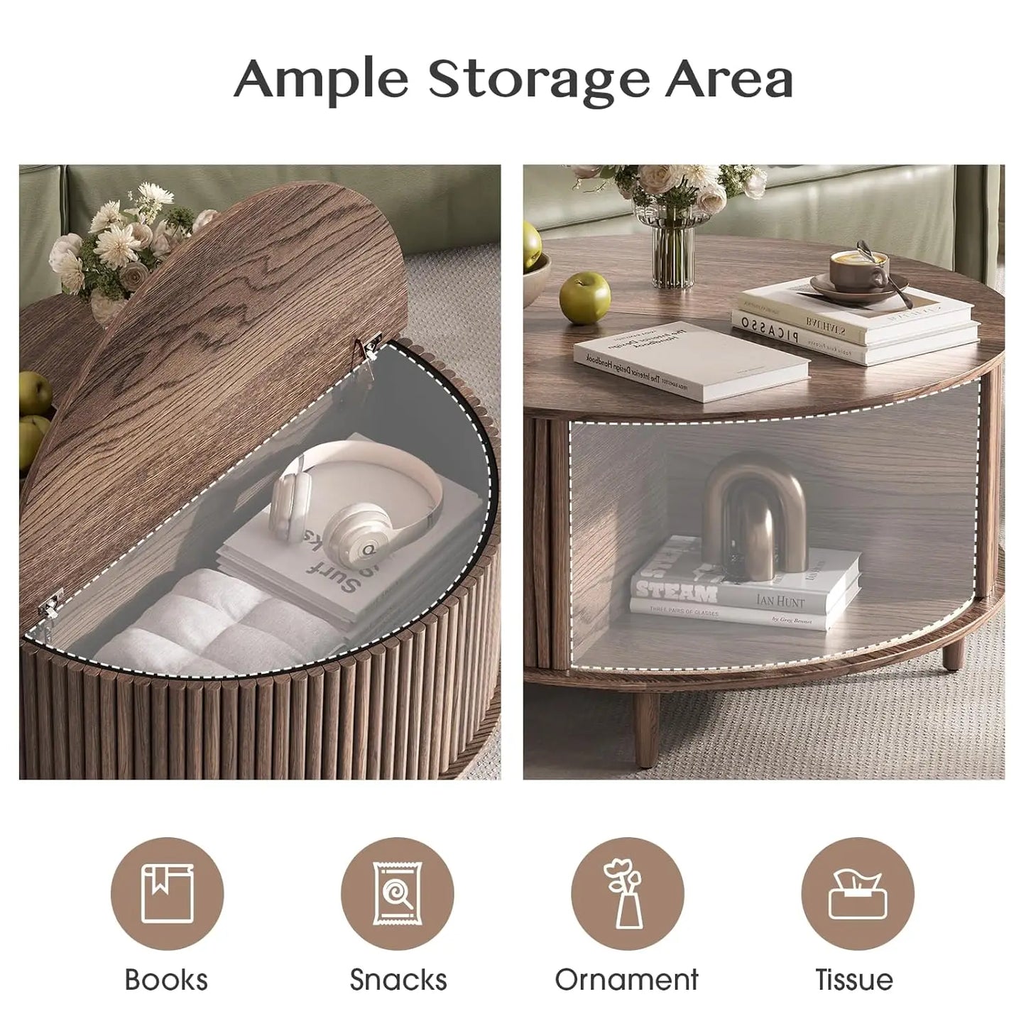 Round Coffee Table With Hidden Storage Walnut Wood Drum Table