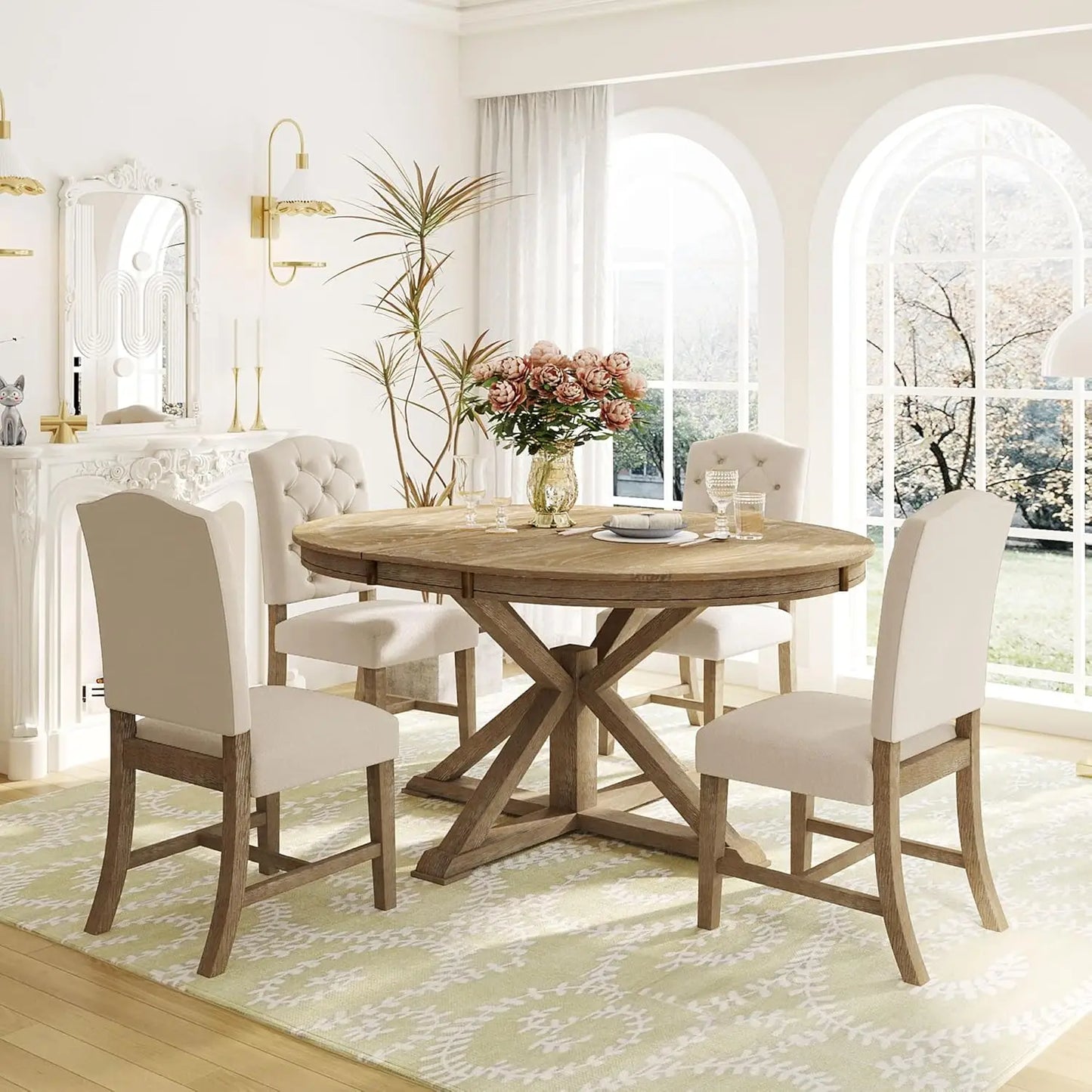 Solid Wood Dining Set With Extendable Table And Upholstered Chairs