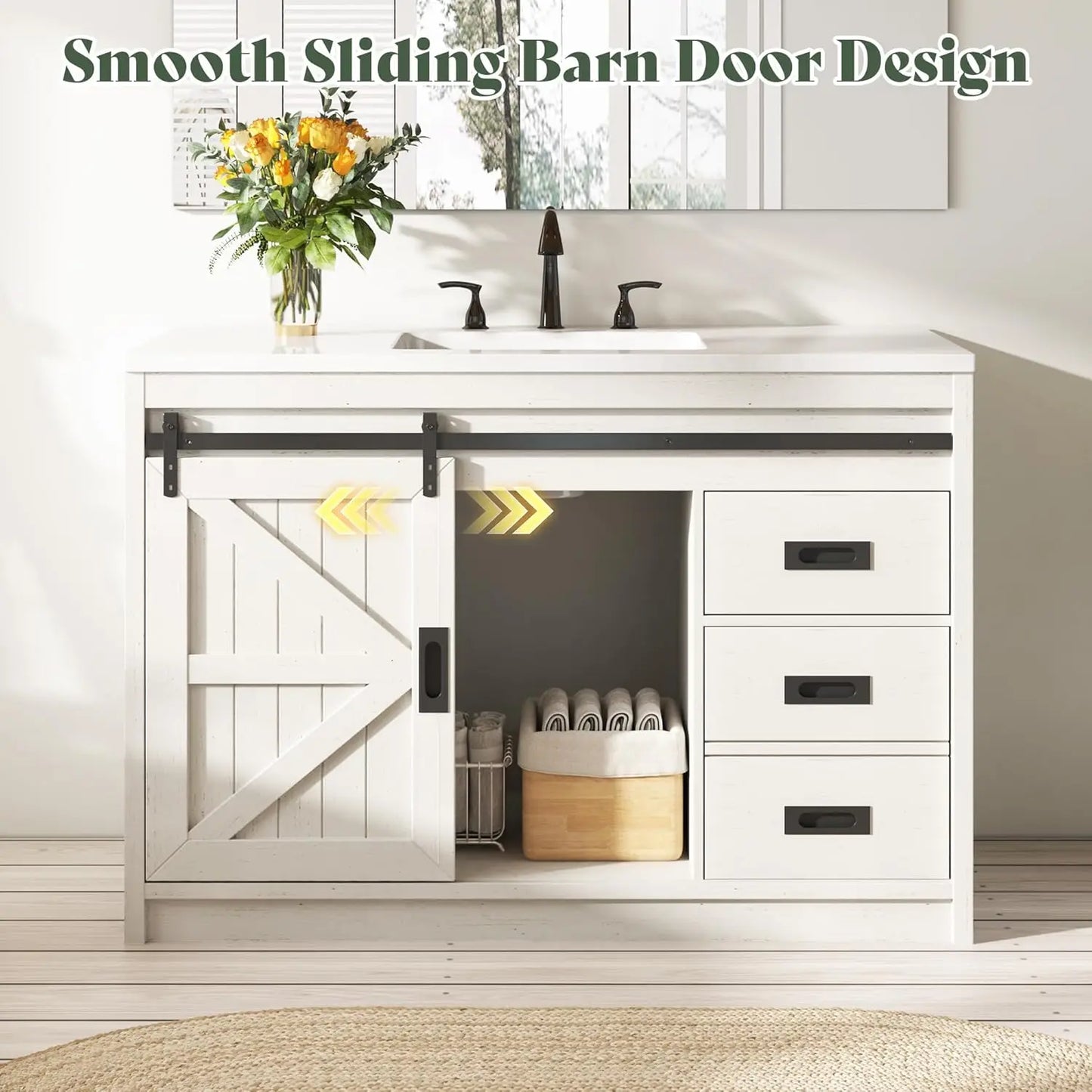 48'' Farmhouse Freestanding Bathroom Vanity with Sink Sliding Barn Door Drawers Metal Handles Deep Basin Storage Custom